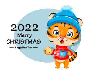 Merry Christmas. Cute cartoon character tiger