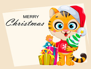 Cute cartoon character tiger in Santa hat