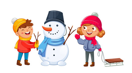 Cheerful kids playing with snowman