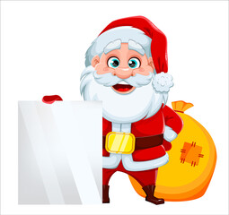 Cheerful Santa Claus standing near blank banner