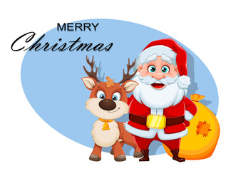 Fototapeta na wymiar Cheerful Santa Claus standing near deer