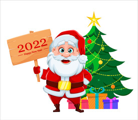 Cheerful Santa Claus standing near Christmas tree