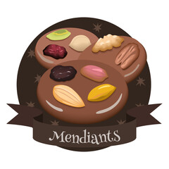 Mendiants traditional French Christmas dessert. Colorful illustration in cartoon style.