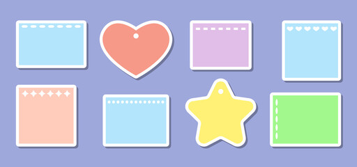 Note sticker colorful set. Blank sheets with different holes, to do list, sticky note, torn piece of paper and notebook page, different shapes star, square, heart, rectangle. Vector illustration