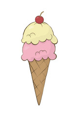 sweet food digital art, ice cream cone with 2 scoops and a cherry on top. illustration isolated on white background