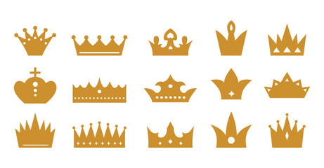 Crowns and tiaras for the king and queen. Vintage exquisite luxury decor items with holes. Low and high crowns, female and male, for different titles. Indicator of the high quality of the product