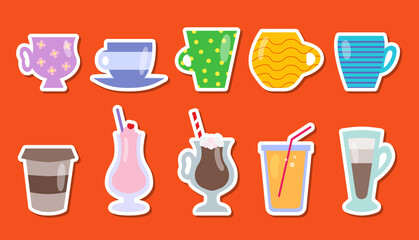 Cups, mugs, glasses made of glass and paper, sticker label set. Coffee, tea, cocoa with marshmallows, juice with a straw, milkshake. Cartoon flat style. Design for coffee shop, cafe menu confectionery