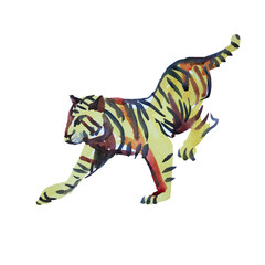 Watercolor hand-drawn abstract tiger wild cat isolated on white background. Chinese symbol new year. Orange animal with black stripes. Creative clipart for christmas, celebration, invite