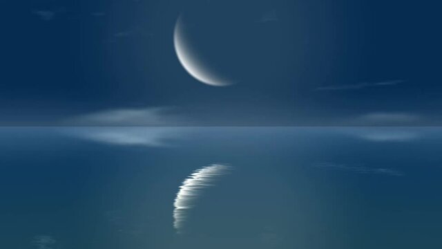 3d loop able animation background of half moon and sea. Seascape In The Moonlight Background.