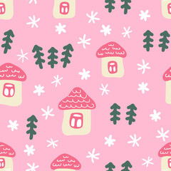 Hand drawn winter seamless pattern with houses, Christmas trees and snowflakes. Perfect for T-shirt, textile and prints. Cartoon style vector illustration for decor and design.
