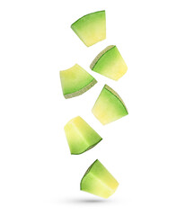 Falling slices of cantaloupe melon isolated on white background. - obrazy, fototapety, plakaty