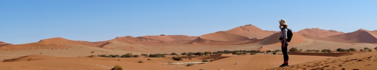Fototapeta na wymiar Single Hiking Woman Looking Out Over Namib Desert Dunes
