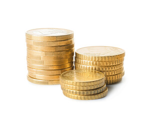 Golden coins on white background