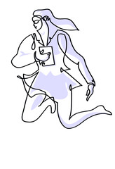 One line drawing of female employee in classical suit with folder jumping like ballerina.
One continuous line drawing of start-up and career concept.
