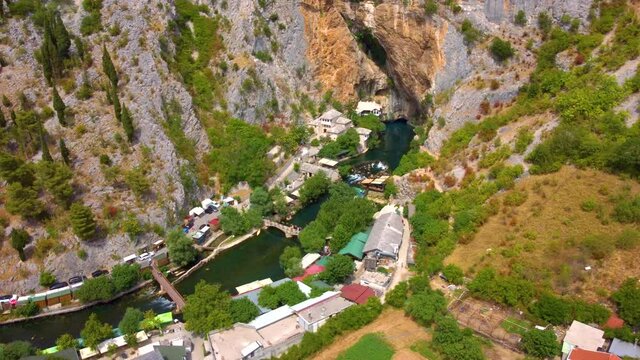 Aerial View Of Vrelo Bune On Buna River Near Blagaj In Bosnia and Herzegovina. orbiting