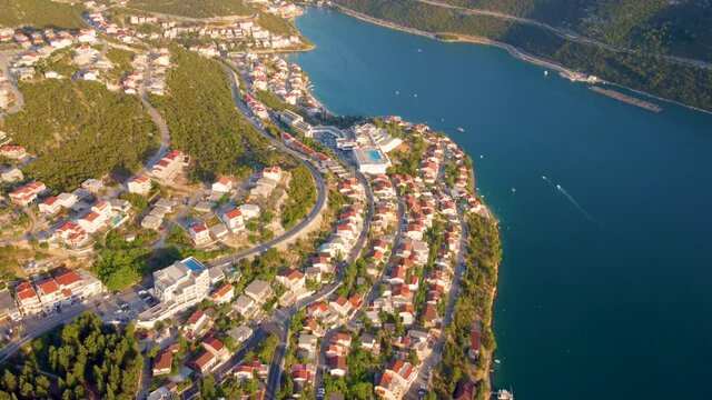 Scenic View Of The Town Of Neum On The Slender Coastline of Bosnia and Herzegovina - aerial drone shot