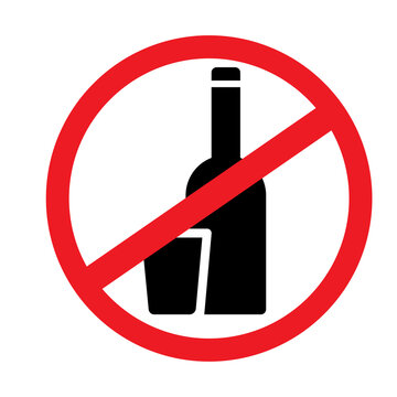 No alcohol icon. Prohibited sign. Isolated red object. Save health. Stop drink symbol. Vector illustration. Stock image.