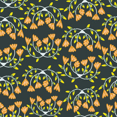 Dark blue with small branch elements and their dainty flowers seamless pattern background design.