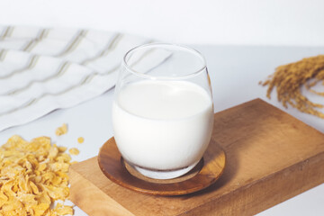 Fresh milk in a glass on a stick and cereal and ears of rice white background