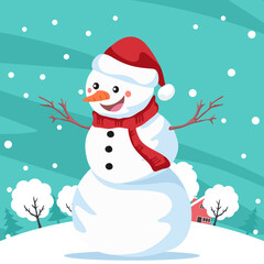 Background with smiling snowman over landscape with snowflakes