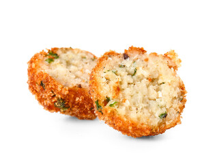 Tasty cut cod cutlet on white background