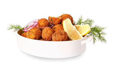Baking dish with tasty cod cutlets on white background