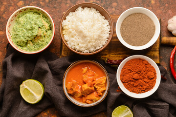 Traditional Indian food and spices on color background