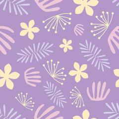 Seamless natural summer floral pattern, abstract flowers and leaves on a white background. Hand drawing. Design for textiles, wallpapers, printed products. Vector illustration