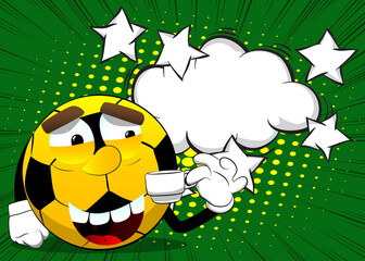 Soccer ball drinking coffee. Traditional football ball as a cartoon character with face.