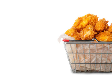 Metal basket with tasty fried popcorn chicken on white background
