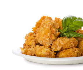 Plate with tasty popcorn chicken on white background