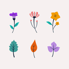 Flat design cute flowers and leaves collection