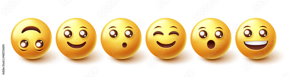 Poster emoji smiley characters vector set. emojis character collection with happy and surprised facial expr