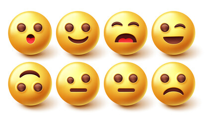 Smileys character vector set. Emoji 3d smiley with smiling, upset and sad facial emotion expression for yellow face mood and reaction graphic collection. Vector illustration.
