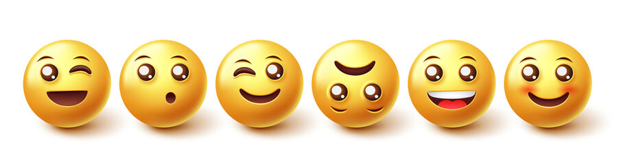 Smiley characters vector set. Smileys emoji face reaction collection in yellow icon faces isolated in white background for character graphic design elements. Vector illustration.
