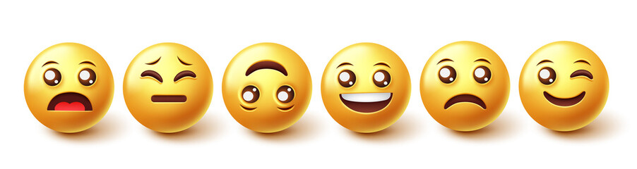 Smileys character vector set. Emojis emoticon characters in facial reaction emotion isolated in white background for 3d emoji expressions design collection. Vector illustration.
