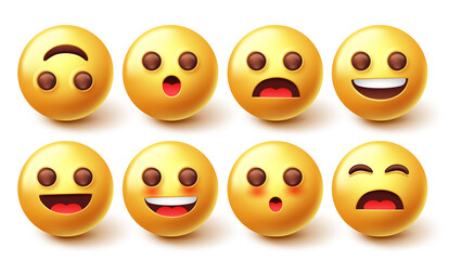 Emoji characters vector set. Smileys emoticon 3d graphic design in happy, jolly and surprised cute facial emotion for emojis expression collection elements. Vector illustration.
