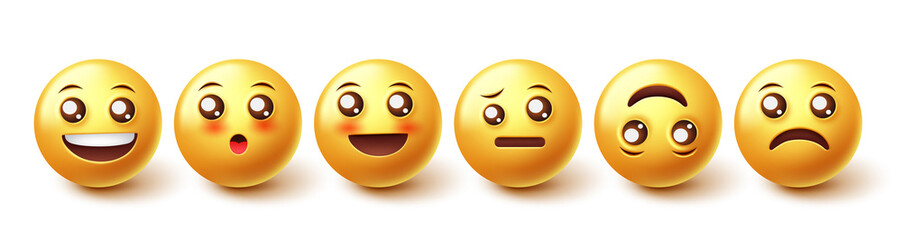 Emoji smileys character vector set. Smiley 3d characters with cute blushing, confused and happy emojis face in graphic design for facial expression emoticon collection. Vector illustration.
