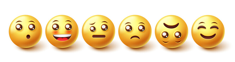Emoji characters vector set. Smiley emojis 3d character with cute face reaction collection isolated in white background for emoticon faces design elements. Vector illustration.
