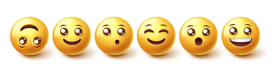 Emoji smiley characters vector set. Emojis character collection with happy and surprised facial expression in 3d graphic design isolated in white background. Vector illustration.
