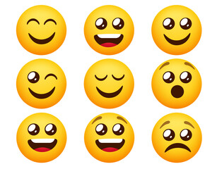 Smileys emoticon vector set. Emoticons smiley characters in happy and sad mood expressions isolated in white background for emoji character collection design. Vector illustration.
