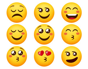 Emoji in love smileys vector set. Emoticons smiley characters in blushing, smiling and kissing face expression for emojis love character cute reaction. Vector illustration.
