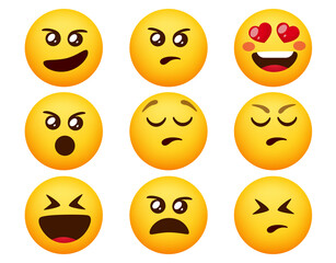 Emoji angry smileys emoticon vector set. Emoticons emojis with angry, upset and wicked facial expression isolated in white background for character emotion collection design. Vector illustration.

