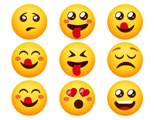 Smileys emoticon vector set. Emoticons emotion characters with happy, crazy and cute facial mood reaction for emoji character face expression design. Vector illustration.
