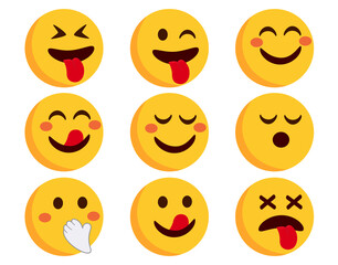 Emoji emoticons vector set. Smileys flat characters in blushing, crazy and happy emoticon side view face reaction isolated in white background for character expression collection. Vector illustration.