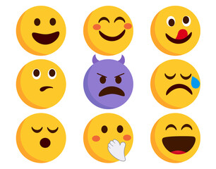 Emoji emoticons character vector set. Smileys flat emojis with smiling, devil and crying characters isolated in white background for facial expression collection. Vector illustration.
