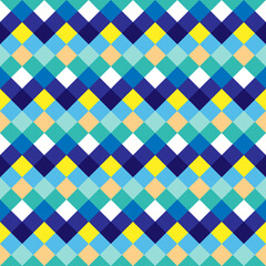 Simple abstract geometric seamless pattern. Bright colorful diamonds of white, yellow, orange, green, turquoise and blue. Square, rhombus, diamond ornament for web, textile, paper design