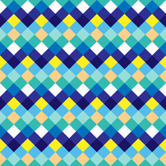 Simple abstract geometric seamless pattern. Bright colorful diamonds of white, yellow, orange, green, turquoise and blue. Square, rhombus, diamond ornament for web, textile, paper design