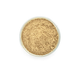 Bowl with hojicha powder on white background