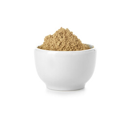 Bowl with hojicha powder on white background